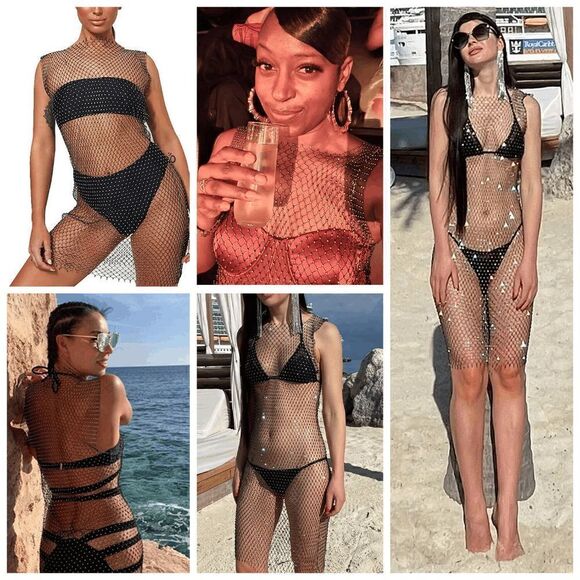 ✨ Rhinestone Crystal Diamond Fishnet Mesh Sheer Party Cover Up Dress L NWT - Picture 10 of 16